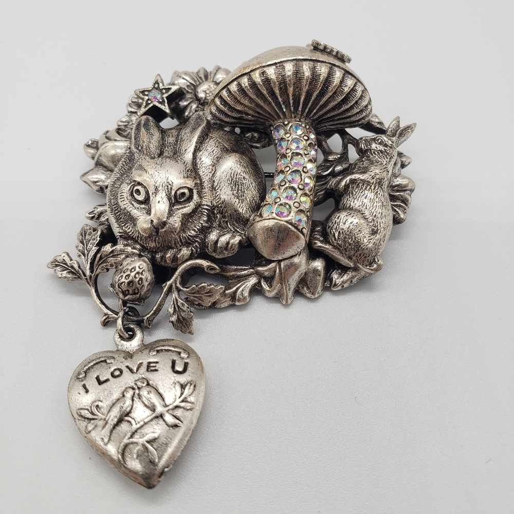 Kirks Folly Rabbit And Mushroom Silver Tone Brooch - image 1